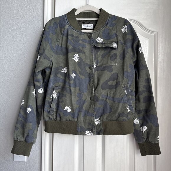 Cloud Chaser White Floral Green Camouflage Bomber Jacket Size L Juniors - Picture 1 of 6